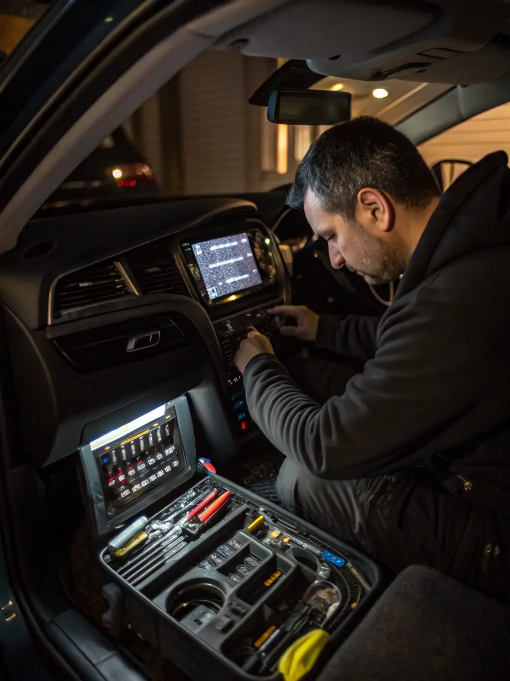 An image of a technician carefully installing a sound system in a venue, showcasing DN-SOUND's professional installation services and attention to detail.
