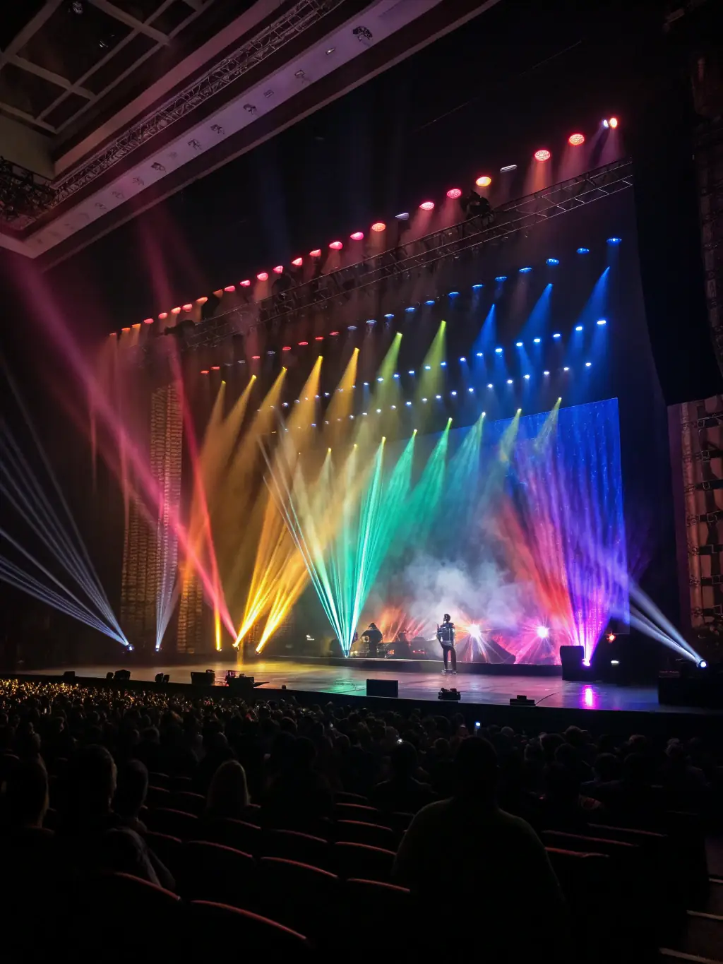 A dynamic image of stage lighting equipment, including spotlights and moving heads, illuminating a stage during a live music performance, demonstrating the lighting solutions offered by DN-SOUND.