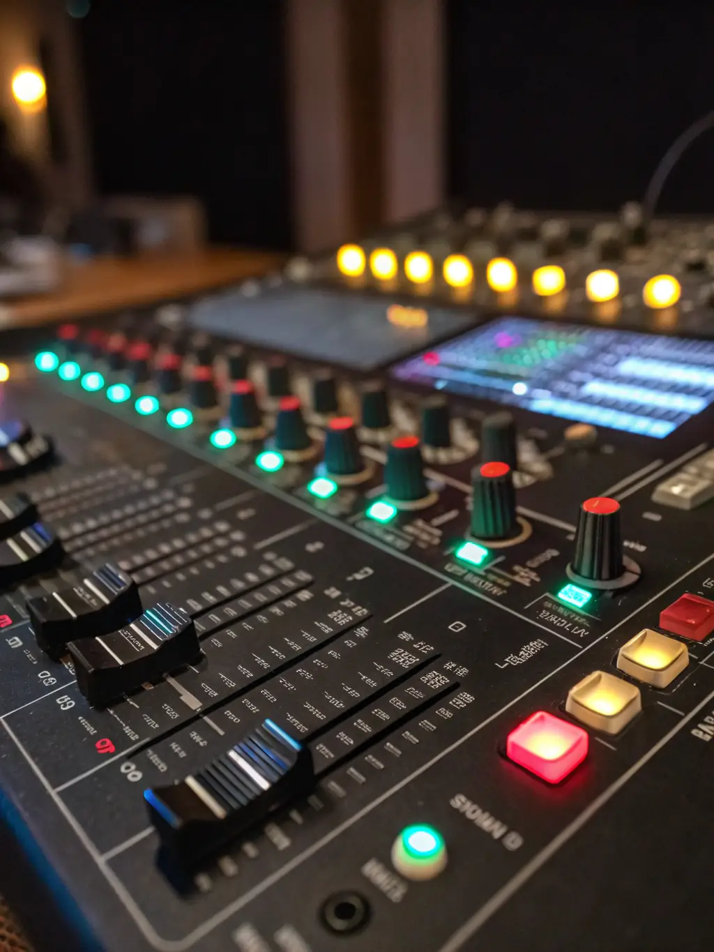 A high-quality image of a professional sound mixing console with various knobs and sliders, set in a dimly lit DJ booth with vibrant lighting in the background, showcasing the equipment available for rent from DN-SOUND.